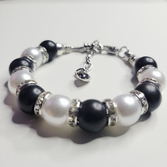 NWT Pandora Style Charm Bracelet Big Black And White Tuxedo Rhinestones Med - Lg - Picture 3 of 6